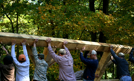 Timber frame lifting for Maple sugar shack